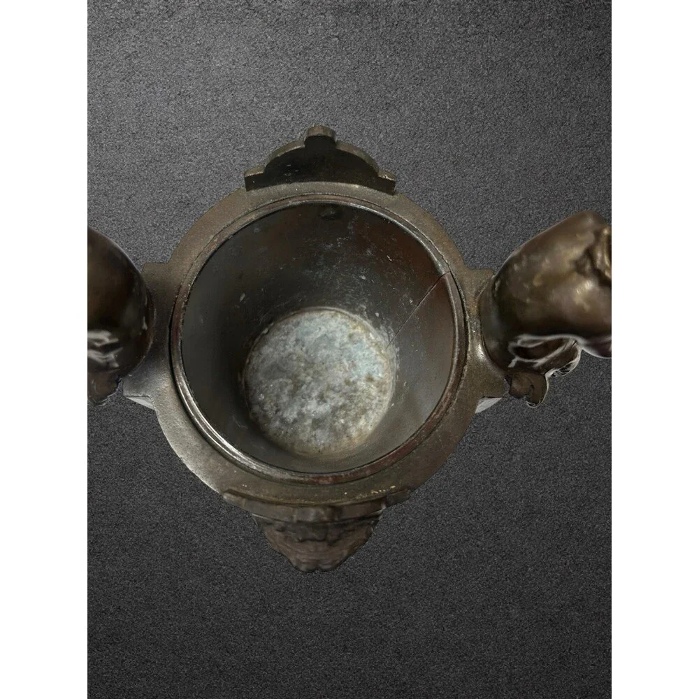Antique Bronze Cherub Urn Vase Lid Figural Handles Marble Base 17” Tall